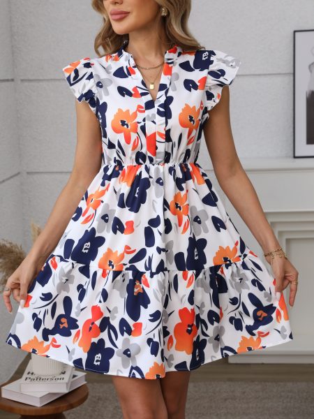 Women's Summer Floral Print Ruffle Hem Notched Collar Mini Dress, 100% Polyester Vacation Style A-Line Dress with Flutter Sleeves