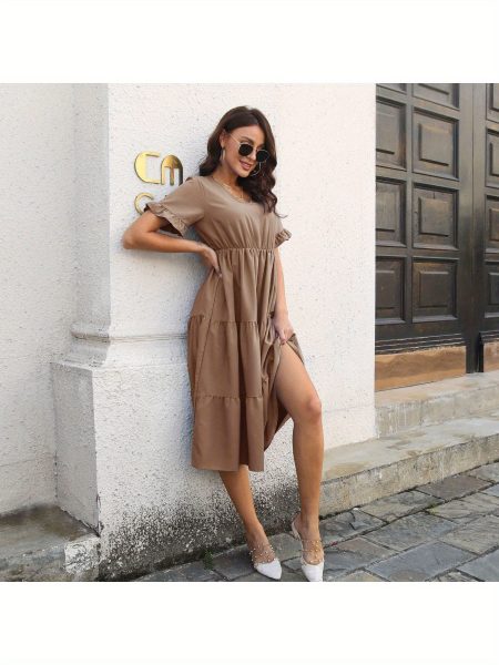 Women'S Elegant Green Chiffon Midi Dress with V-Neck & Short Sleeves - Layered Ruffled Hem, Casual Summer Dress for Women, Perfect for Casual Attire, Casual Summer Dress | Vneck Dress | Chiffon Fabric
