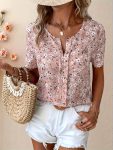 Women's Allover Floral Print Blouse - Middle Eastern-Inspired Round Notched Neckline, Machine Washable Lightweight Fabric, Elegant All-Season Versatile Top for Casual & Formal Wear, Ladies Blouses, Formal Attire, Notched Collar, Relaxed Fit, Texture