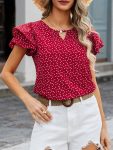 Heart Print Keyhole Blose, Elegant Layered Ruffle Sleeve Blouse For Spring & Summer, Women's Clothing