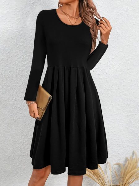 Women's Elegant Retro A-Line Long Sleeve Dress - Solid Black Fitted Waist Casual to Formal Wear, Machine Washable All-Season Versatile Outfit
