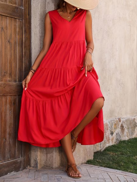 Vibrant V Neck Tiered Tank Dress - Flowy Sleeveless Loose Fit, Breathable Fabric, Perfect for Spring & Summer, Women's Casual Clothing, Easy to Wear, Comfortable, Stylish, and Versatile