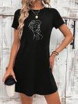 Women's Black & White Minimalist Female Face Line Art Bodycon Dress - Stretchy Everyday & Formal Dress, Machine Washable All-Season Casual Outfit for Women, Versatile Clothing, Graphic Print Fashion, Stretchy Fabric