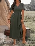 [Solid Shirred Waist Dress] Plus Size Solid Shirred Cinched Waist Dress - Casual Surplice Neck Short Sleeve Slit Dress for Spring & Summer - Women's Clothing