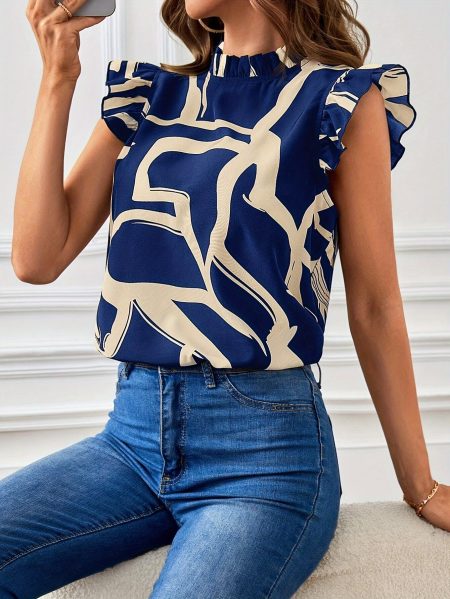 Elegant Women's Abstract Print Stand Collar Blouse with Ruffle Sleeves - Short Sleeve, Polyester, Machine Washable, Dark Blue & Beige Design, Perfect for Summer Casual Wear, Stylish Office Attire | Ruffle Sleeve Top | Polyester Blouse, Ladies Blouses