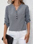 [Yellow Plaid Shirt] Polyester Women's Casual Yellow & White Plaid V-Neck Long Sleeves Button-Up Shirt - Casual Wear