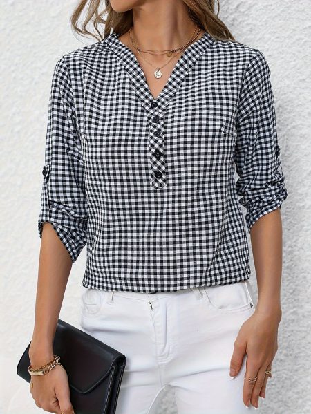[Yellow Plaid Shirt] Polyester Women's Casual Yellow & White Plaid V-Neck Long Sleeves Button-Up Shirt - Casual Wear