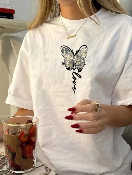 Women's Elegant Butterfly Print T-Shirt - Soft Breathable Crew Neck Top, Machine Washable Everyday & Party Shirt - White Blouse for Women - All-Season Casual Outfit Essential, Ladies T Shirts, Relaxed Fit Top, Durable Clothing, Comfortable Fabric, Summer