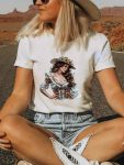 Women'S Vintage Floral Print T-Shirt - Soft Breathable 100% Top with Elegant Woman Portrait, Casual Everyday & Special Occasion Outfits for Spring/Summer/Fall/Winter - Machine Washable Women'S Blouse, Ladies T Shirts, Relaxed Weekend Wear, Artistic Illust