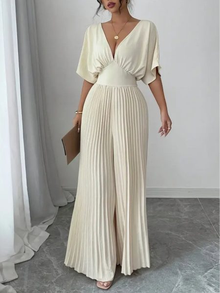 Elegant V-Neck Batwing Sleeve Pleated Gown for Women - Chic Beige, V-Neckline, Flowy Design, Perfect for Spring/Summer/Fall, Casual to Formal Wear, Casual Formal Dress | Vneckline Dress | Flowy Fabric