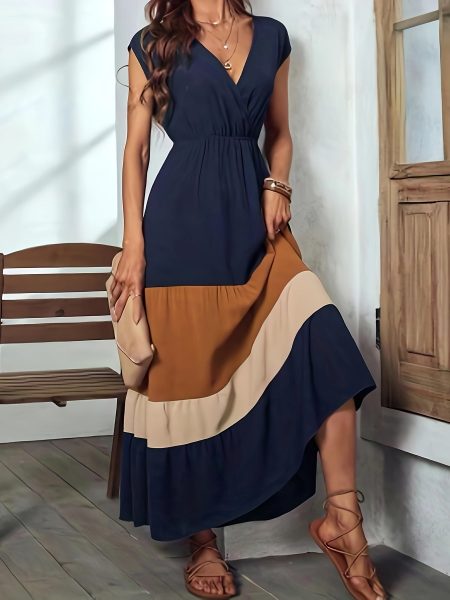 [Elegant Sleeveless Maxi] Elegant Sleeveless Maxi Dress - Color Block Surplice Neck Dress for Women