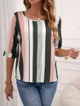 Color Block Striped Blouse, Casual Crew Neck Half Sleeve Blouse, Women's Clothing