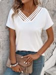 Women's Casual Elegant Cross Neckline V-Neck Short Sleeve Top - Semi-Sheer All-Season Layering Essential, Machine Washable Solid Color Blouse for Casual Attire, Versatile Top, Crossover Front Design, Lightweight Fabric