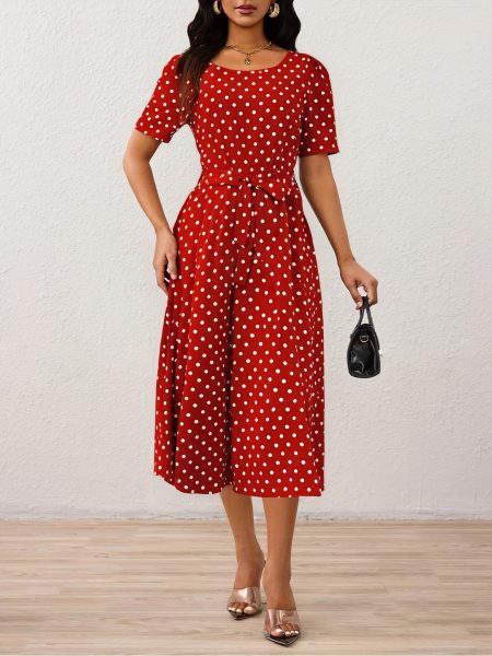 Women's Red & White Polka Dot Dress - Non-Stretchy A-Line Formal & Casual Outfit, Machine Washable Elegant Women's Dress for Everyday Special Events, Summer Fashion, No Stretch Fabric