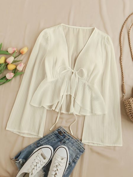 Elegant V-Neck Tie-Waist Blouse with Ruffled Sleeves and Lace Detail - Light Blue, Perfect for Spring/Summer, Adult Women'S Clothing, Casual Attire|Ruffled Sleeve Top|Lace Detail Top, Ladies Blouses